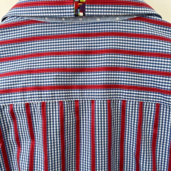 Robert Graham Blue Red Stripe Contrasting Cuffs Button Down Dress Shirt - Picture 12 of 14